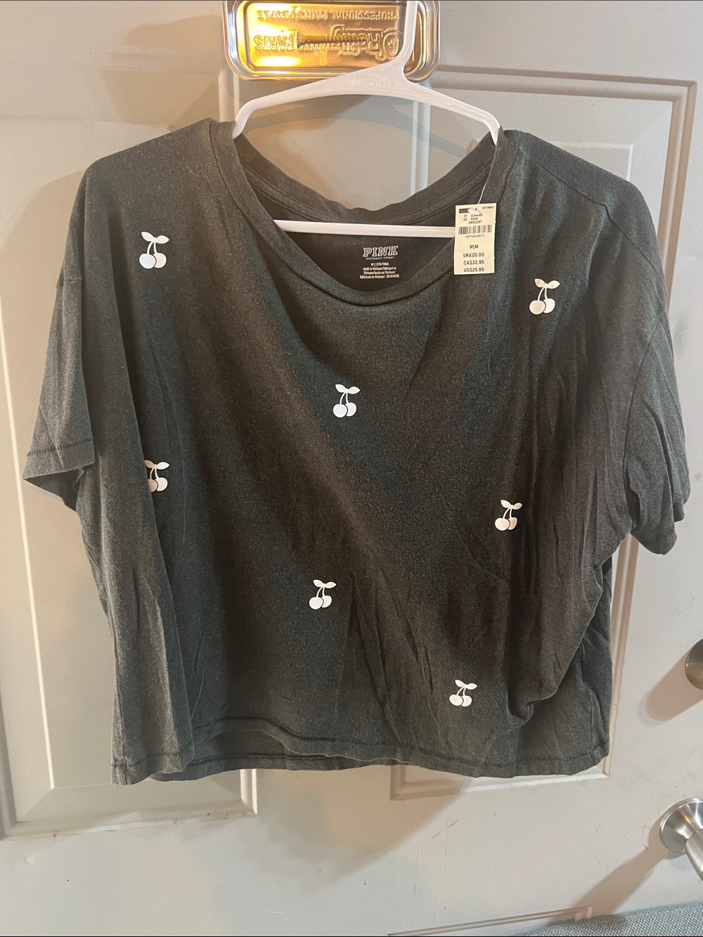 PINK Victoria's Secret Black Crop Tee with White Cherry Print